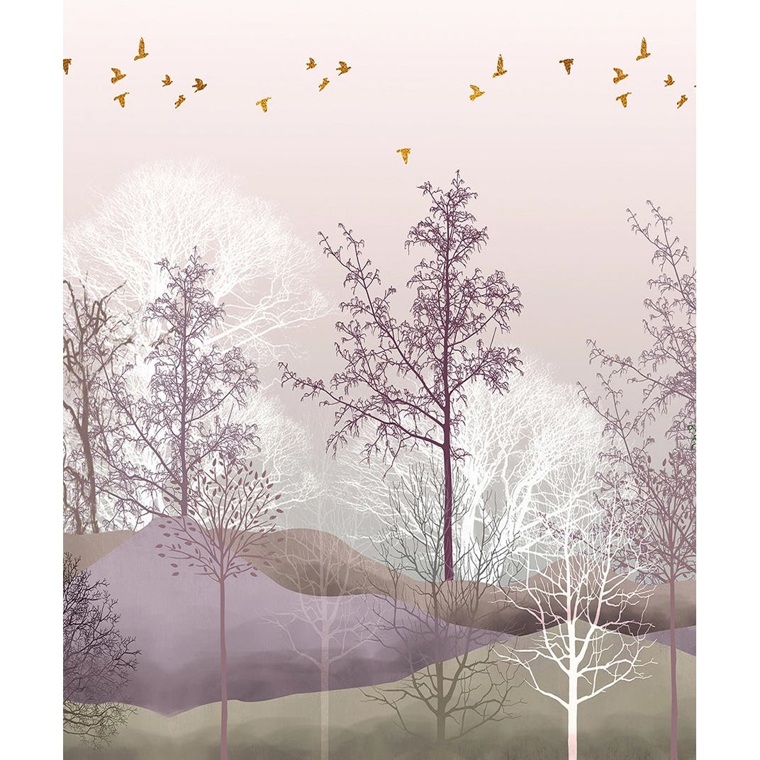 Graceful Tranquility: Grayish Pastel Trees & Golden Birds Wall Mural