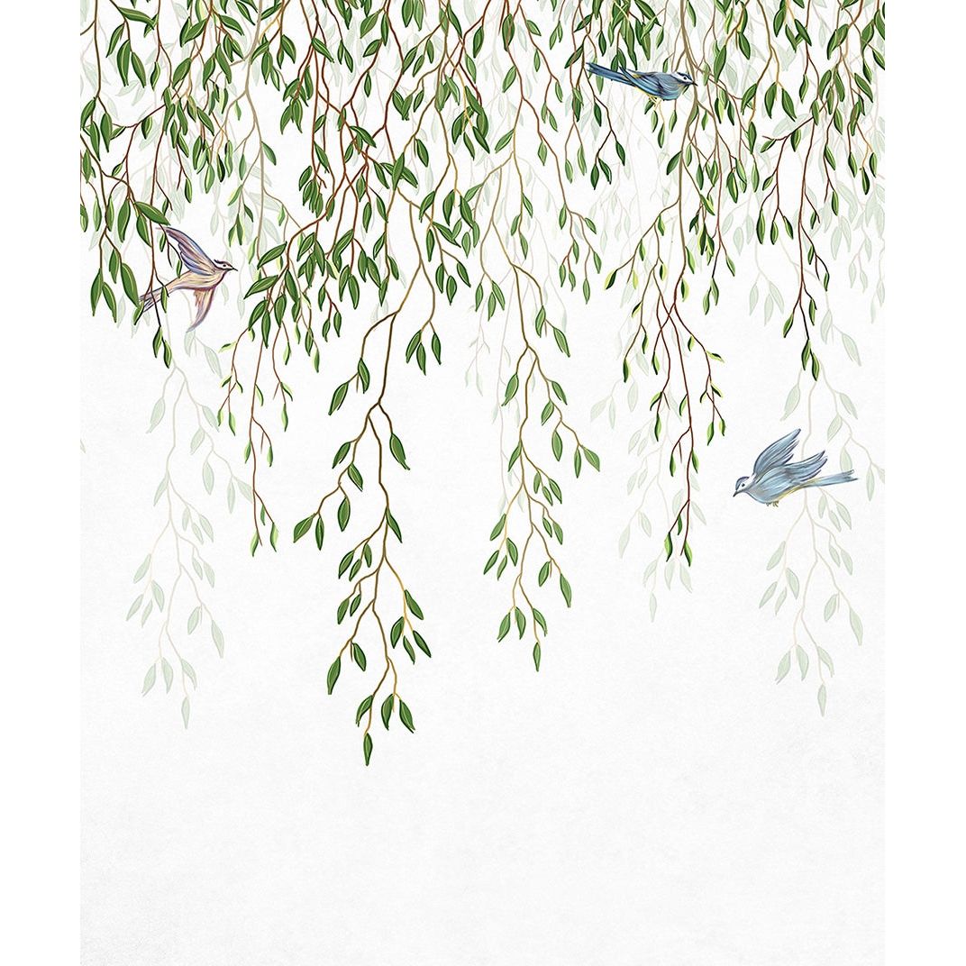Gentle Serenade: Birds and Green Leaves Wall Mural