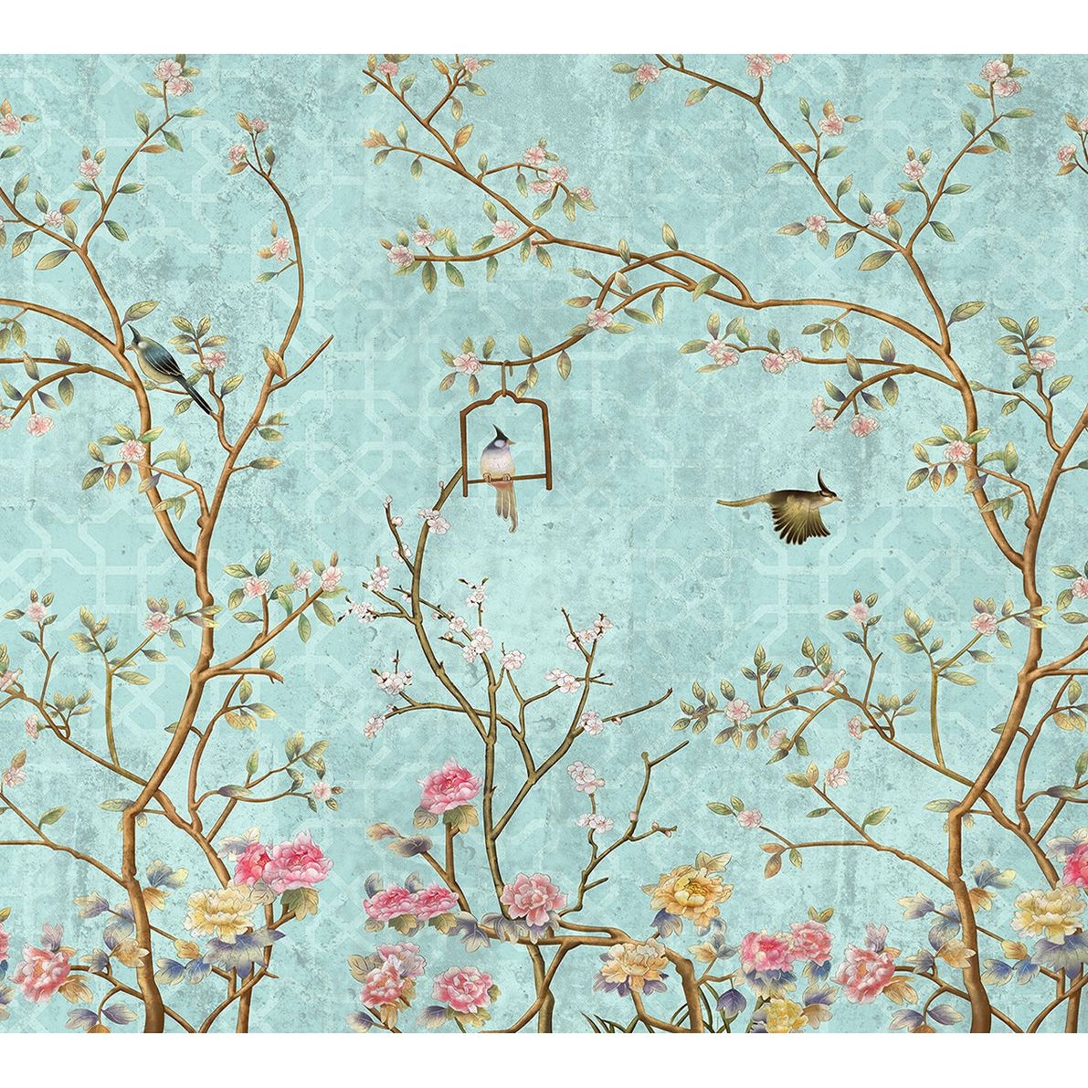 Tranquil Aviary: Light Blue Branches & Birds Wall Mural