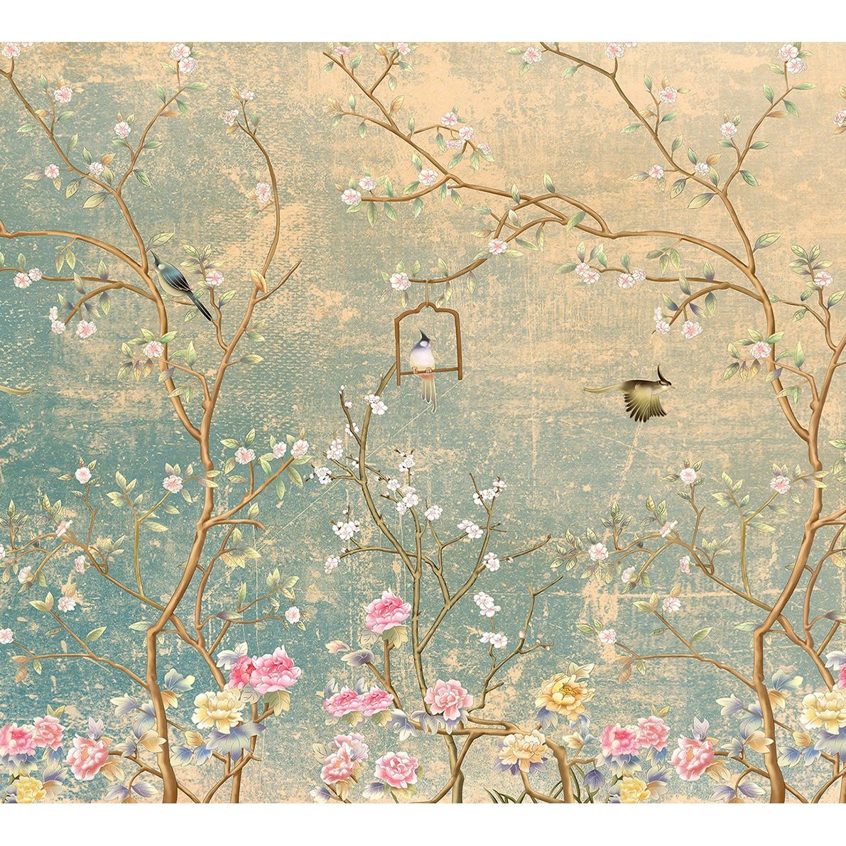 Sunlit Canopy: Blue & Yellow Branches & Birds Wall Mural
