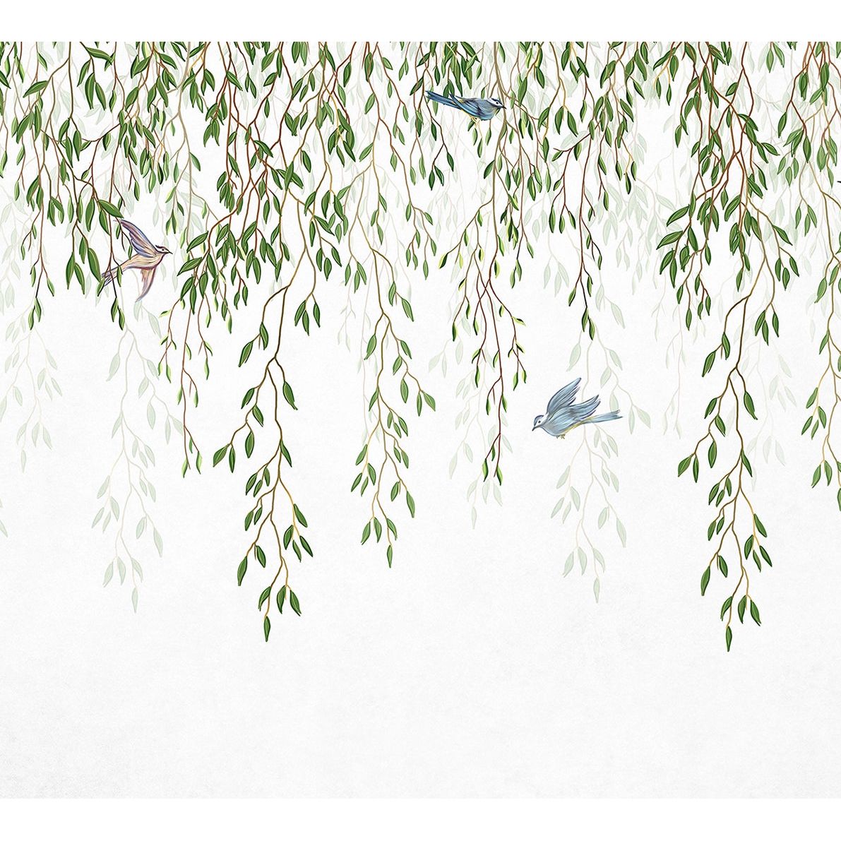 Gentle Serenade: Birds and Green Leaves Wall Mural