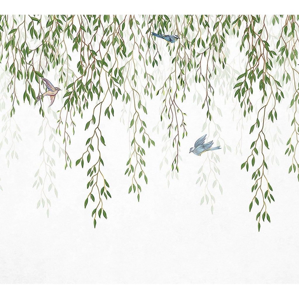 Gentle Serenade: Birds and Green Leaves Wall Mural