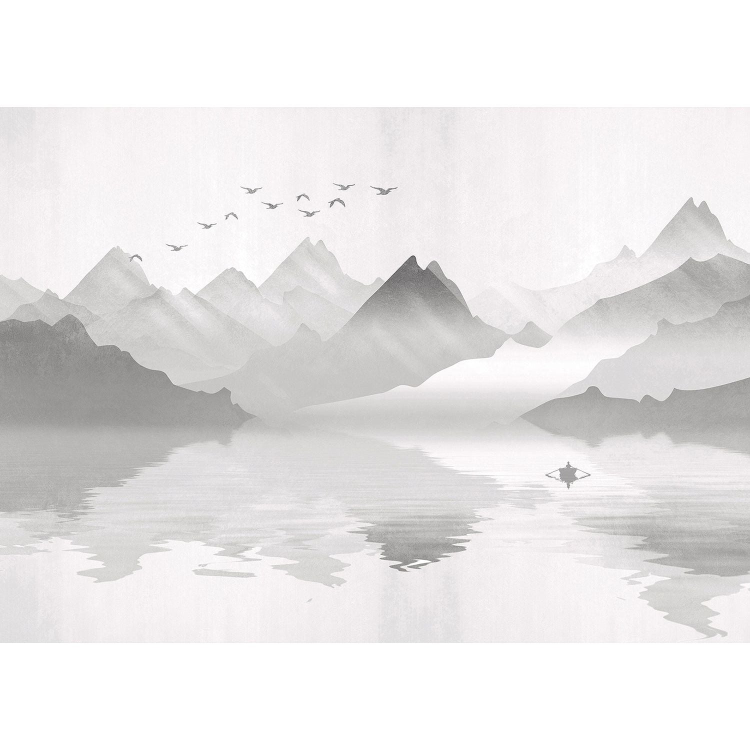 Serene Black and White Mountain Wall Mural with Birds