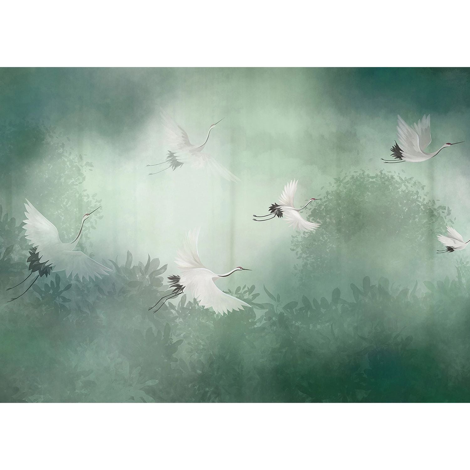 Serene Skyline: Green Atmosphere Wall Mural with Leafs and Flying Birds