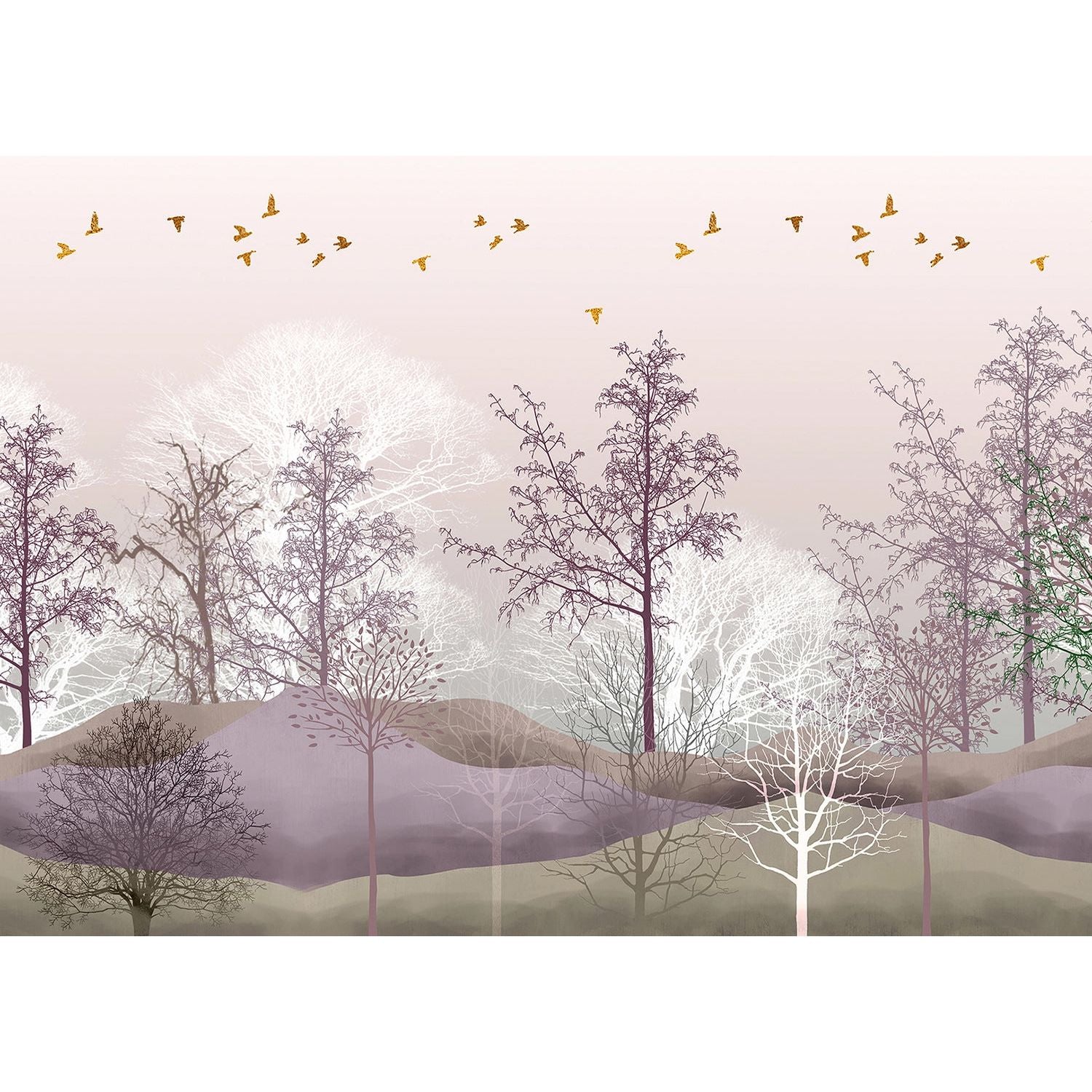 Graceful Tranquility: Grayish Pastel Trees & Golden Birds Wall Mural