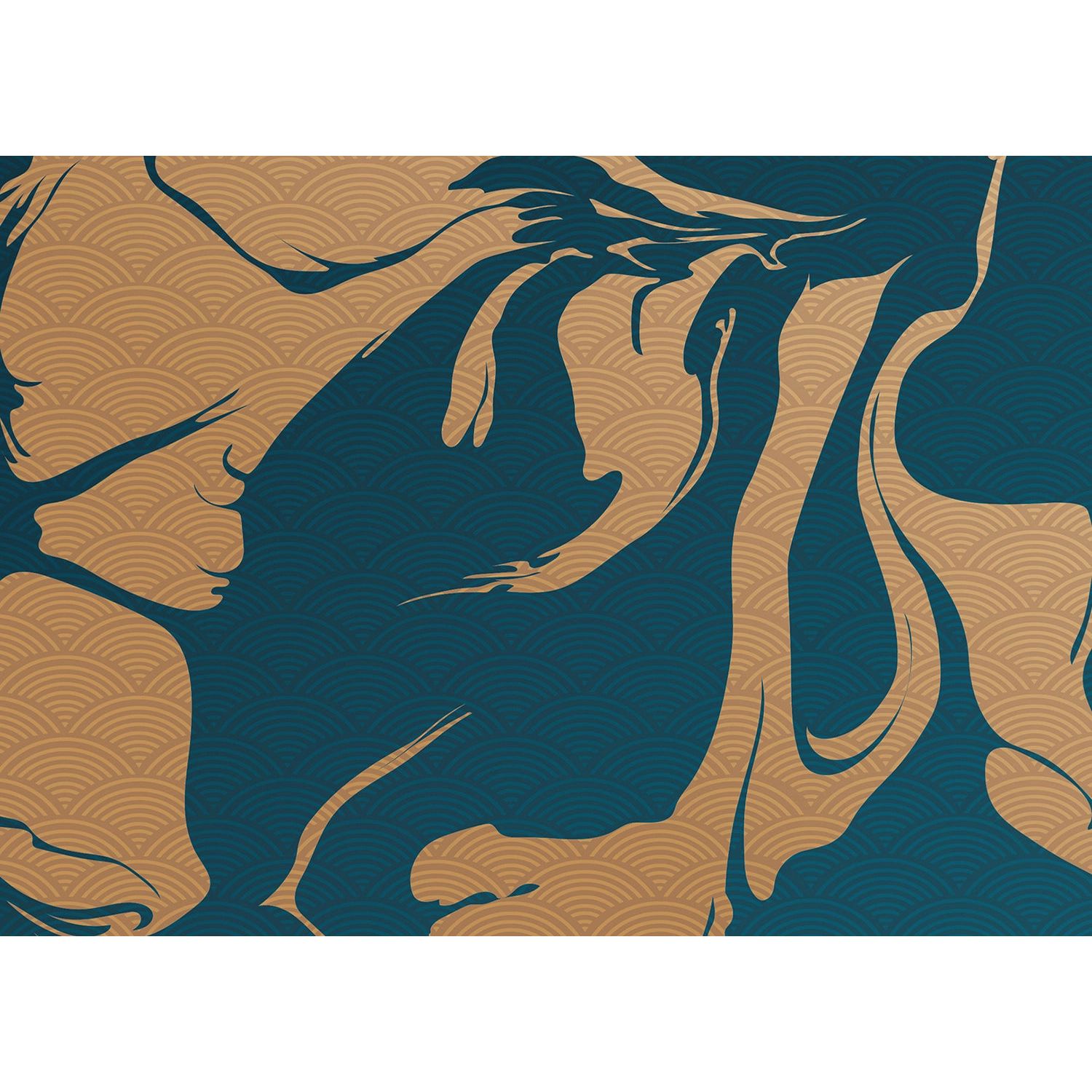 Golden Blue Elegance: Flowing Abstract Wall Mural