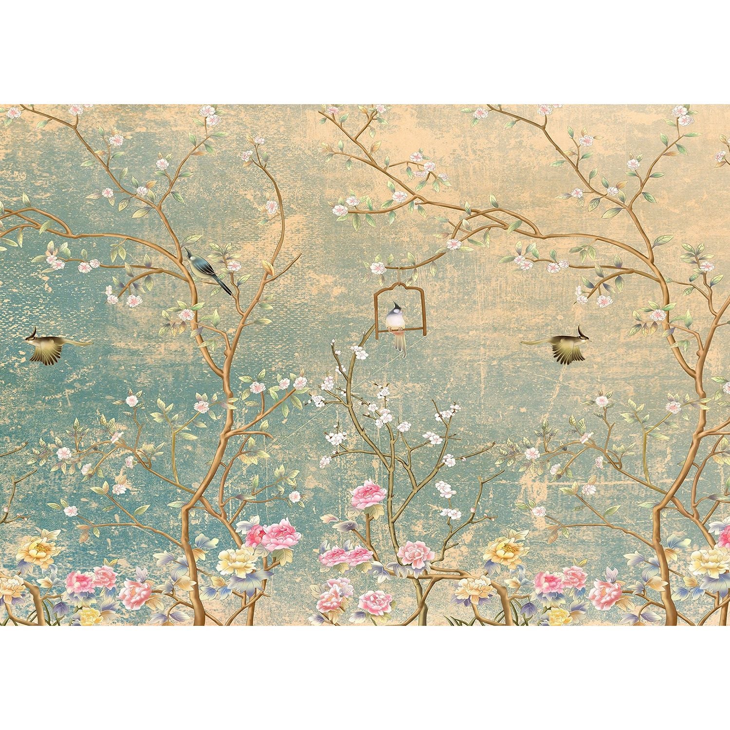 Sunlit Canopy: Blue & Yellow Branches & Birds Wall Mural