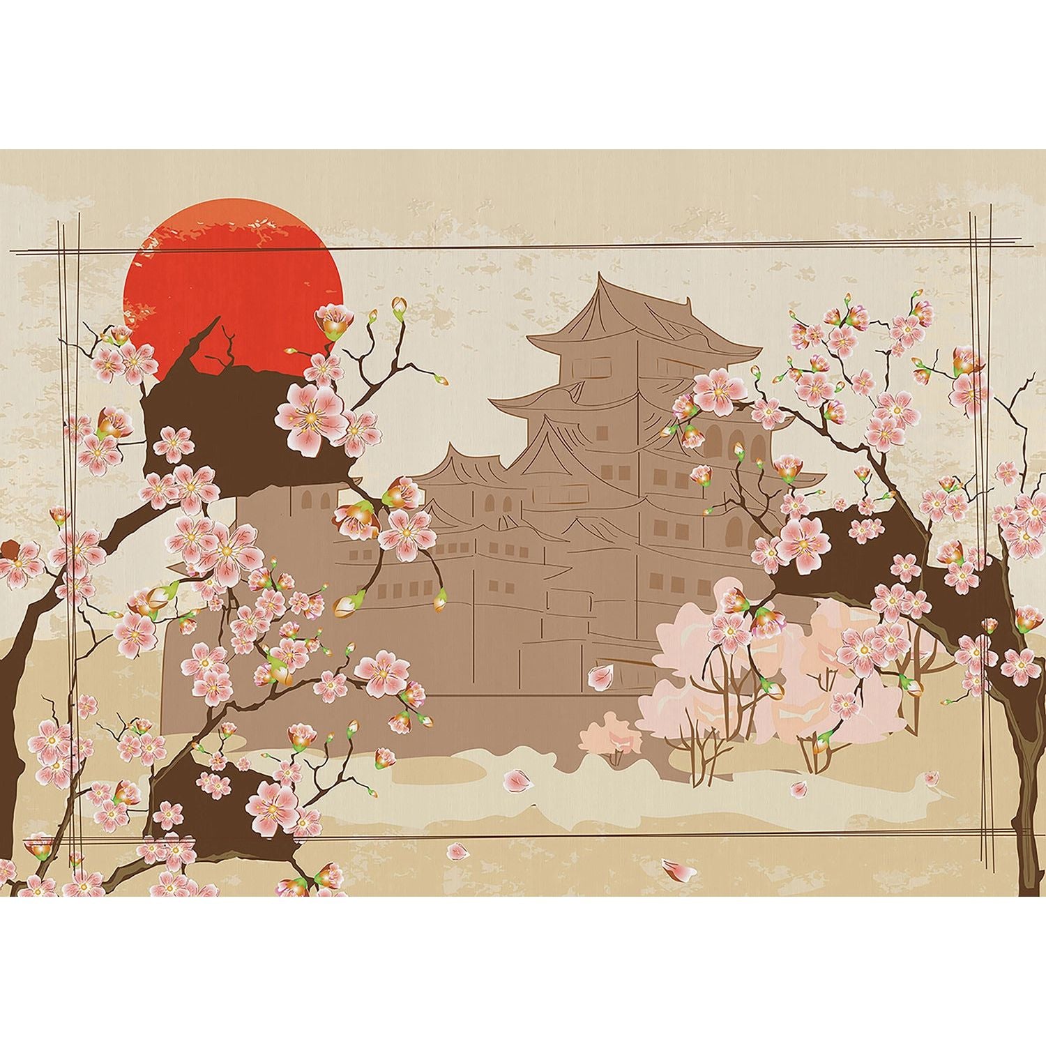 Eastern Blossom: Cherry Blossoms and Pagoda Wall Mural