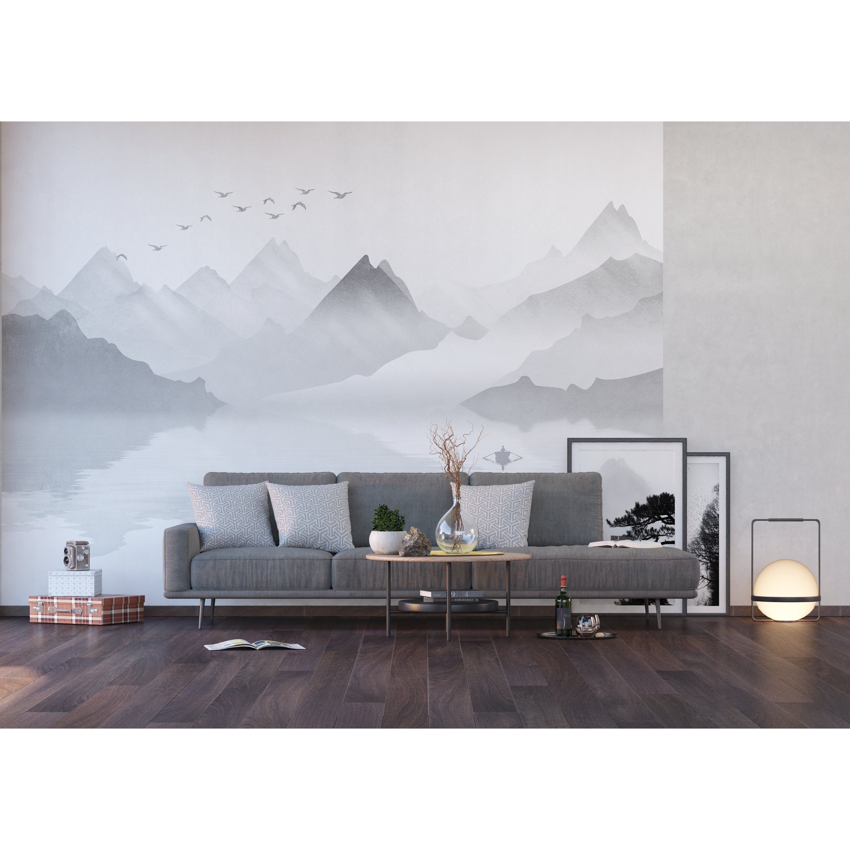 Serene Black and White Mountain Wall Mural with Birds