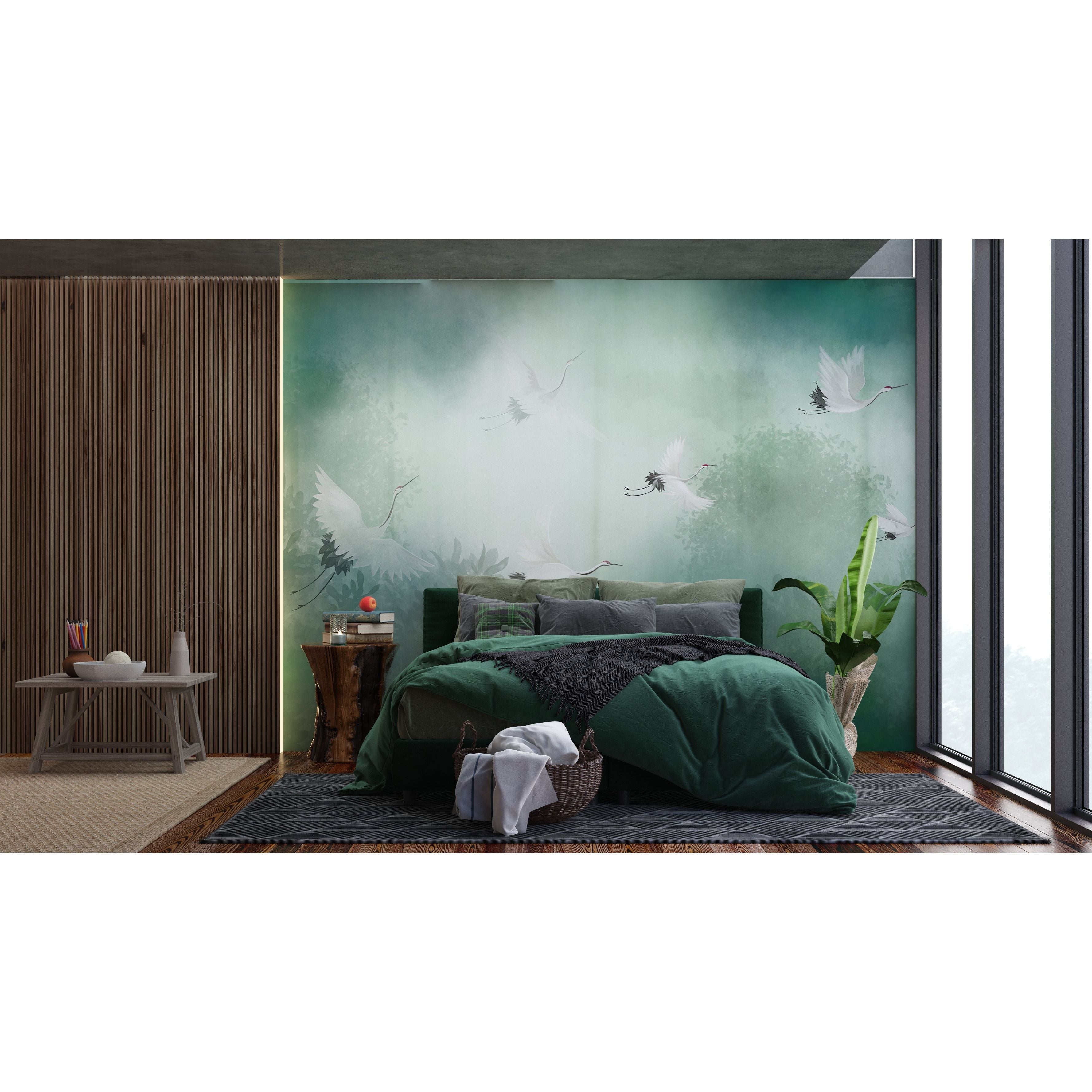 Serene Skyline: Green Atmosphere Wall Mural with Leafs and Flying Birds