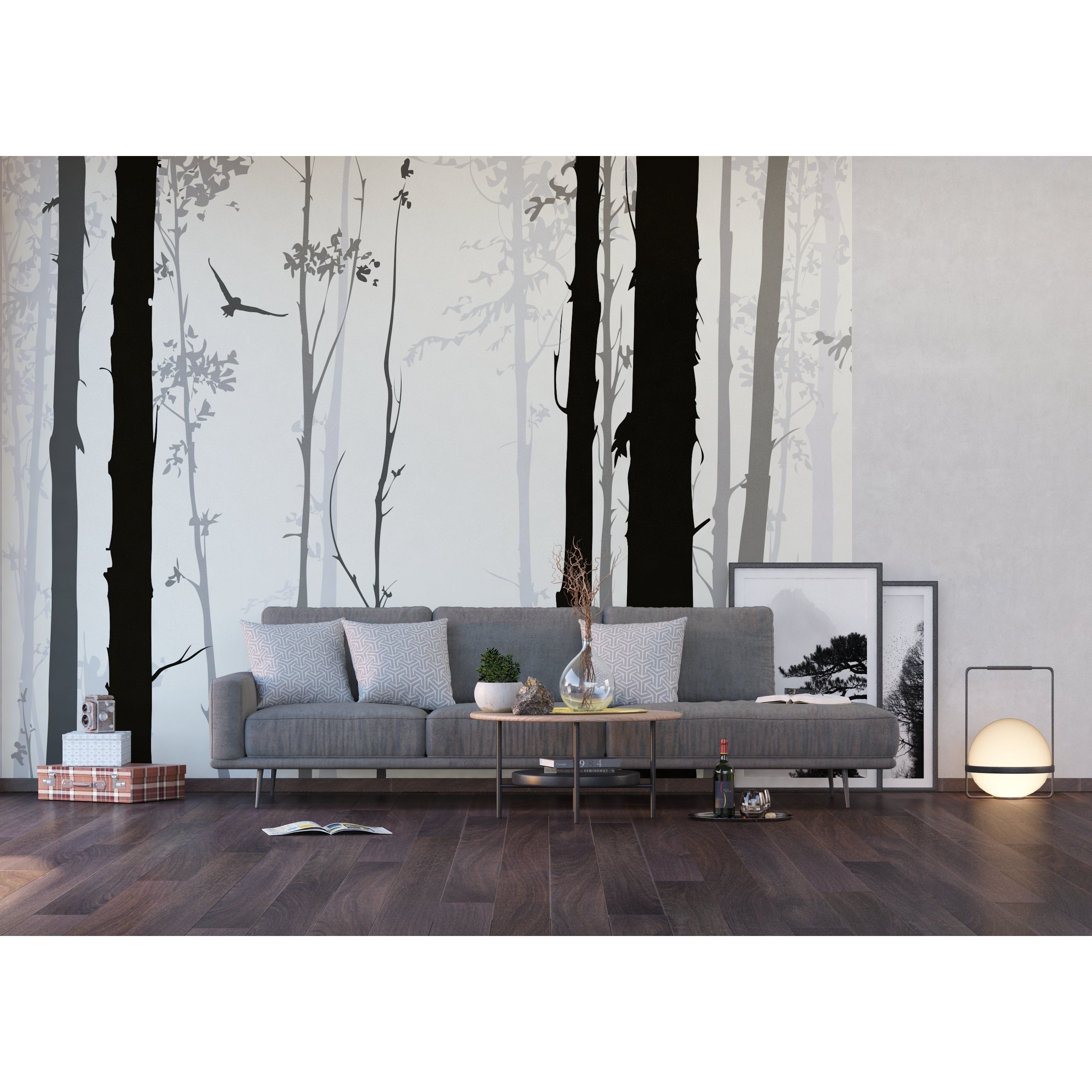 Monochrome Serenity: Black Trees and Birds Wall Mural