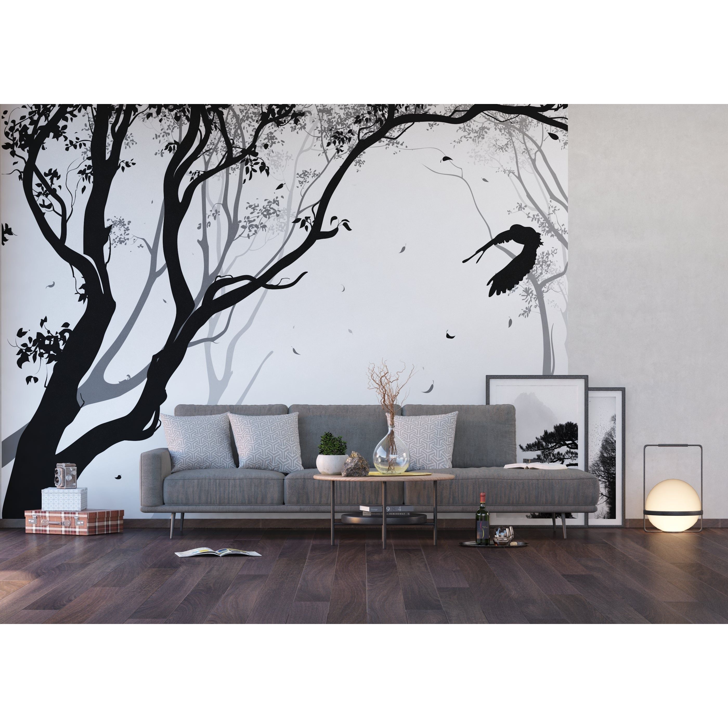 Monochrome Forest: Black & White Trees with Black Leafs Wall Mural