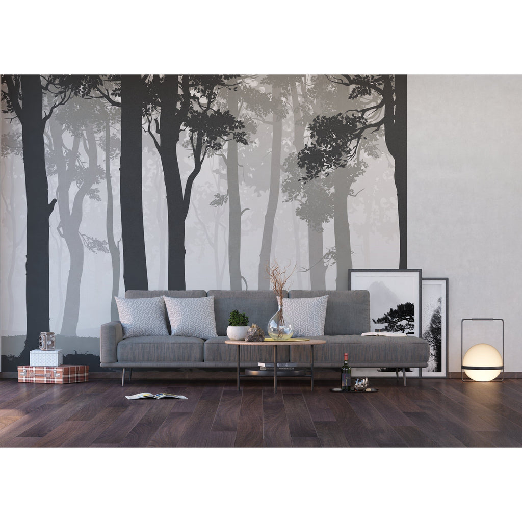 Foggy Silhouettes: Black & Gray Trees Wall Mural