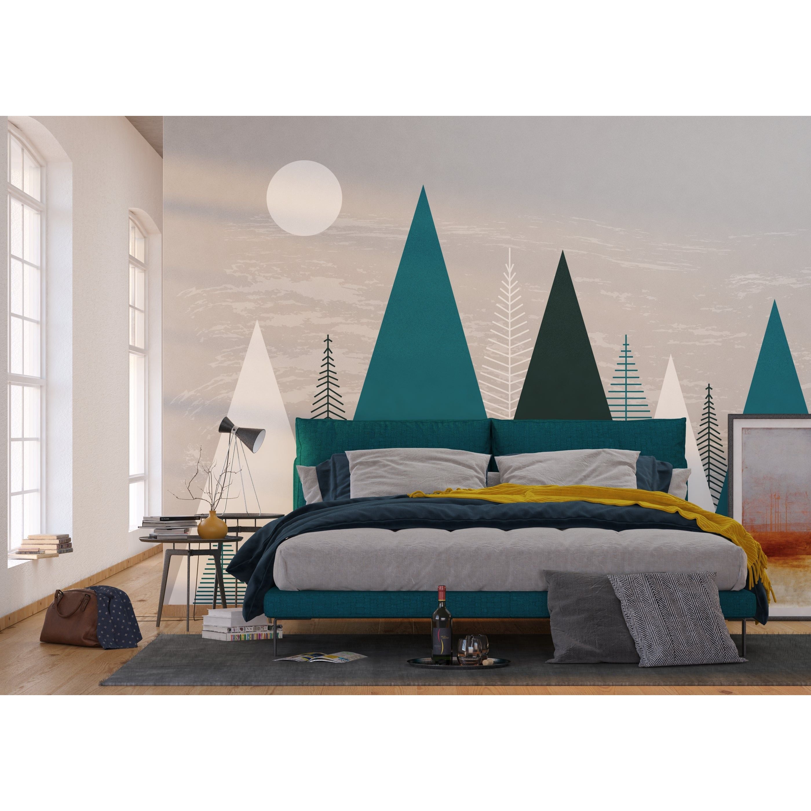 Children's Wall Mural with Trees and Blue Triangles