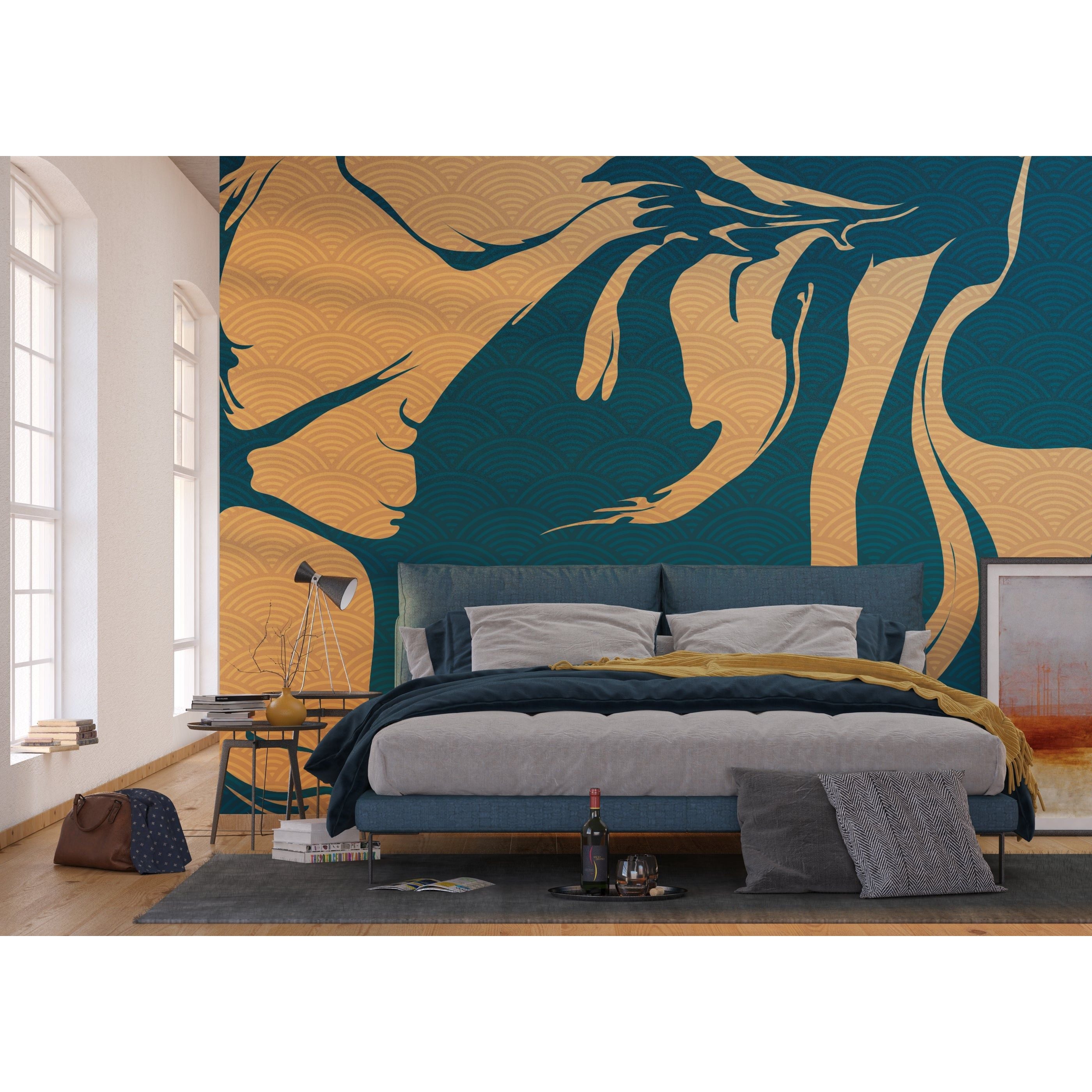 Golden Blue Elegance: Flowing Abstract Wall Mural