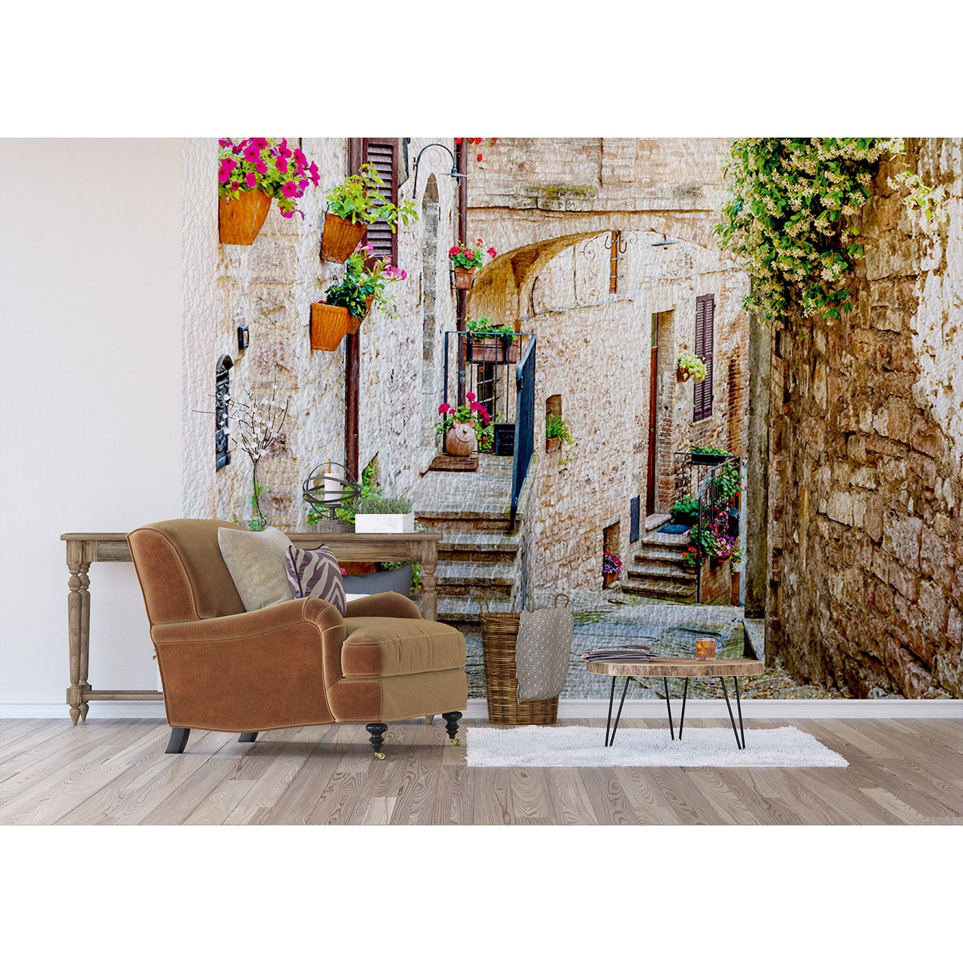 Vintage Brick City Charm: Floral Walls & Stairs Wall Mural