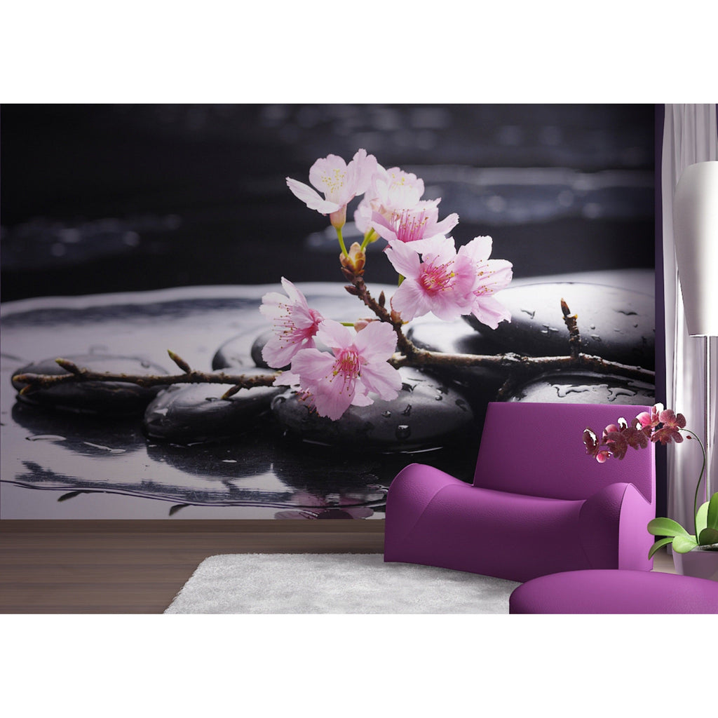 Pink Blossoms Over Water: Floral Wall Mural