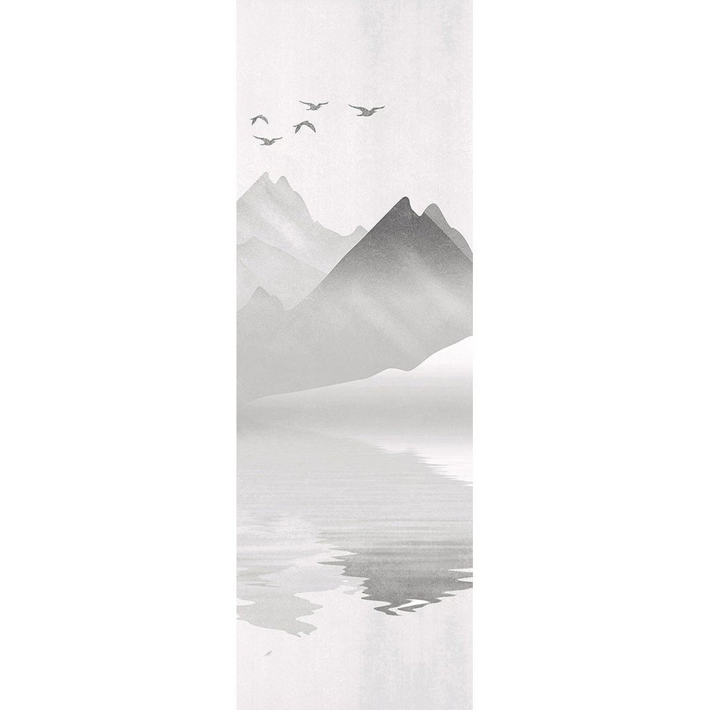 Serene Black and White Mountain Wall Mural with Birds