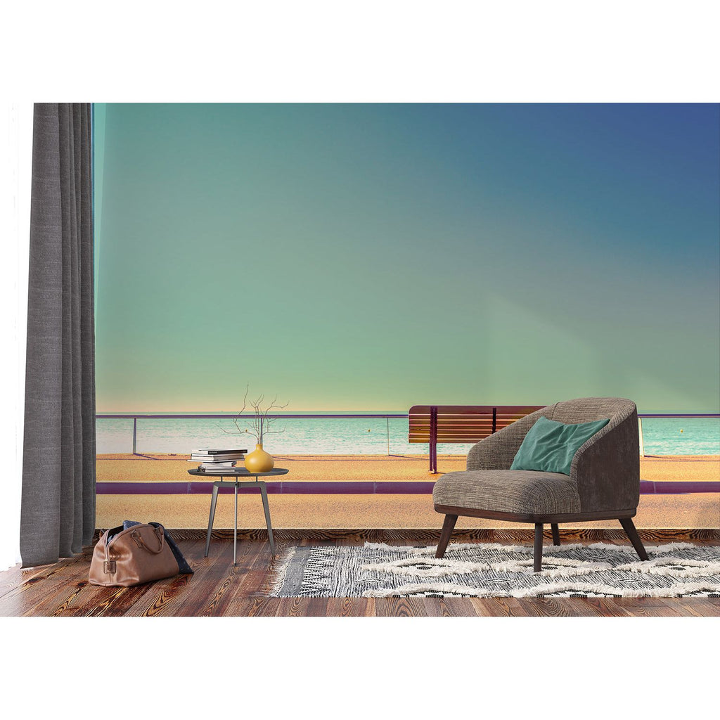 Seaside Serenity: Bench by the Calm Sea Wall Mural