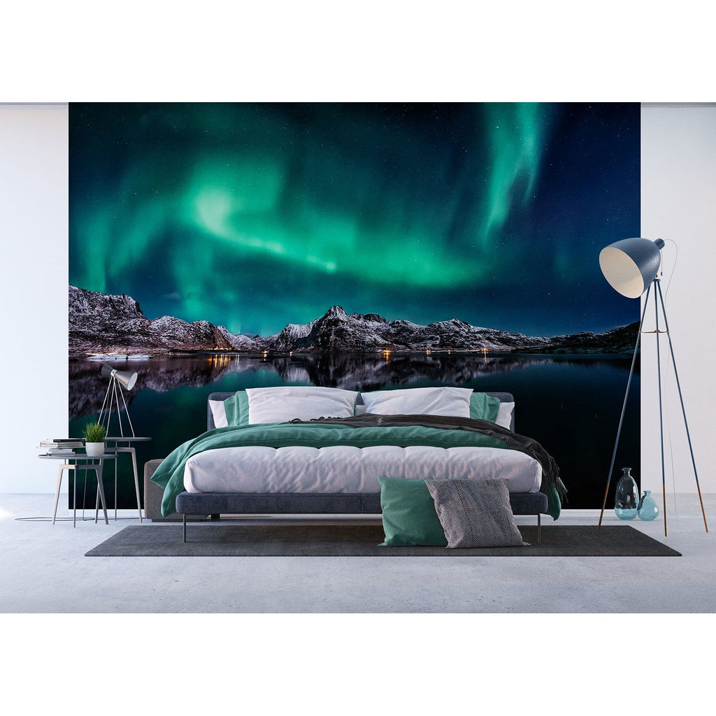 Northern Lights Serenity: Aurora Illuminating Dark Rocks & Water Wall Mural