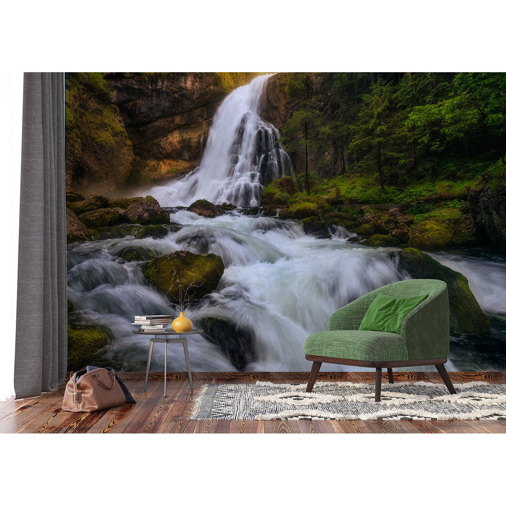 Serene Cascade: Wall Mural of Waterfall on Rocks