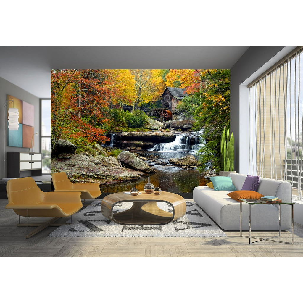 Autumn Harmony Wall Mural: The Old Mill and Waterfall