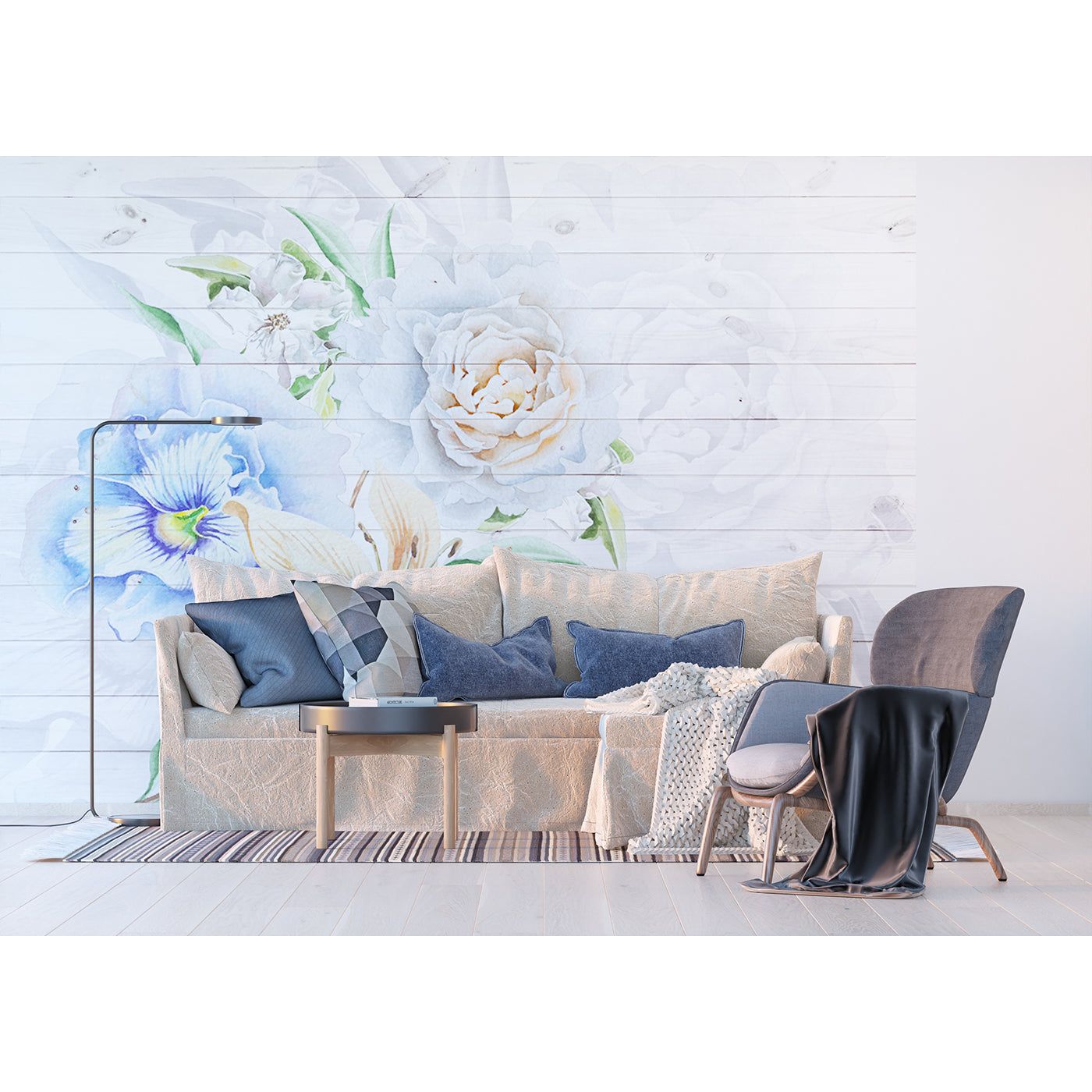 Whitewashed Elegance: Watercolor Florals on Rustic Wood Panels Wall Mural