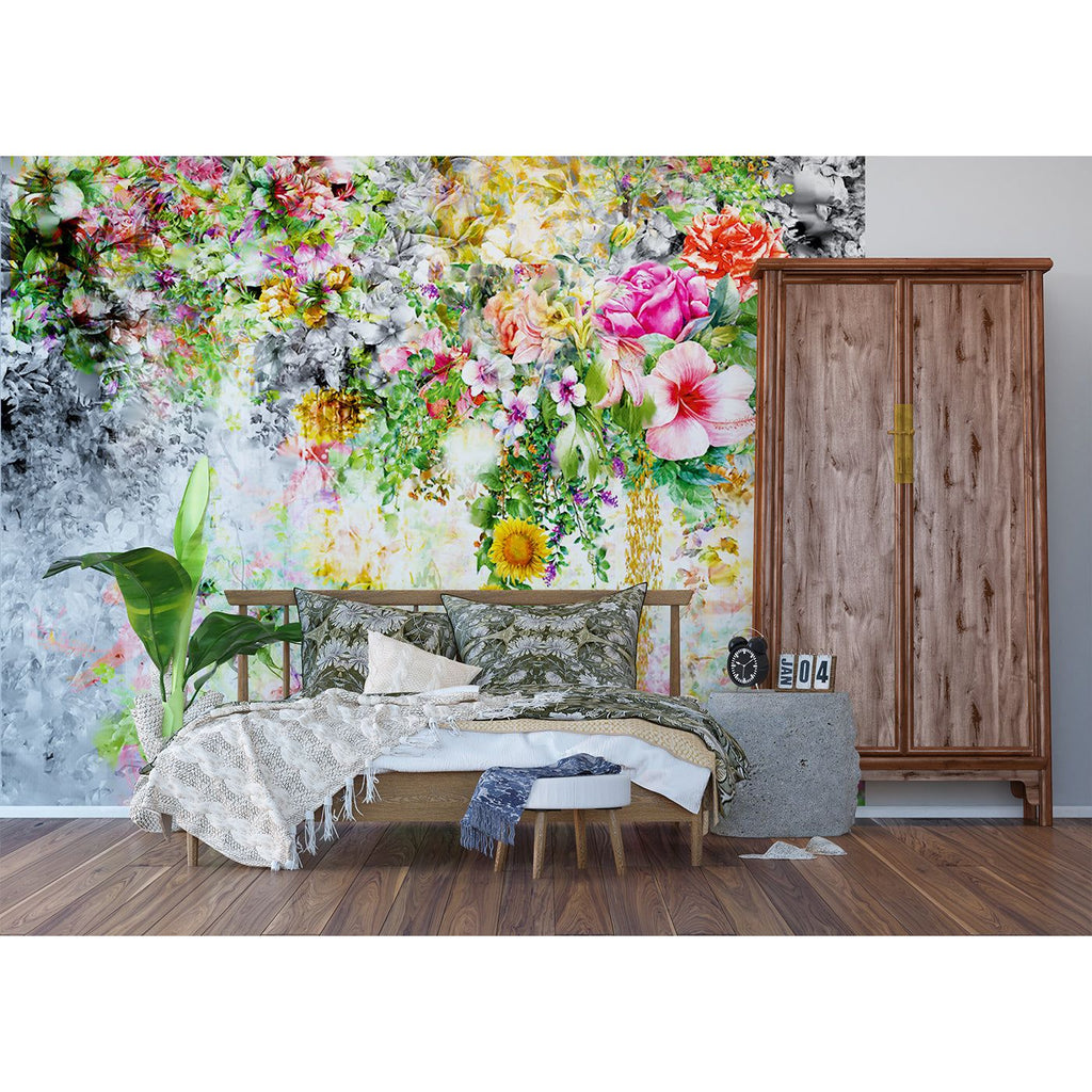 Vibrant Garden Cascade: A Symphony of Florals on Abstract Wall Mural