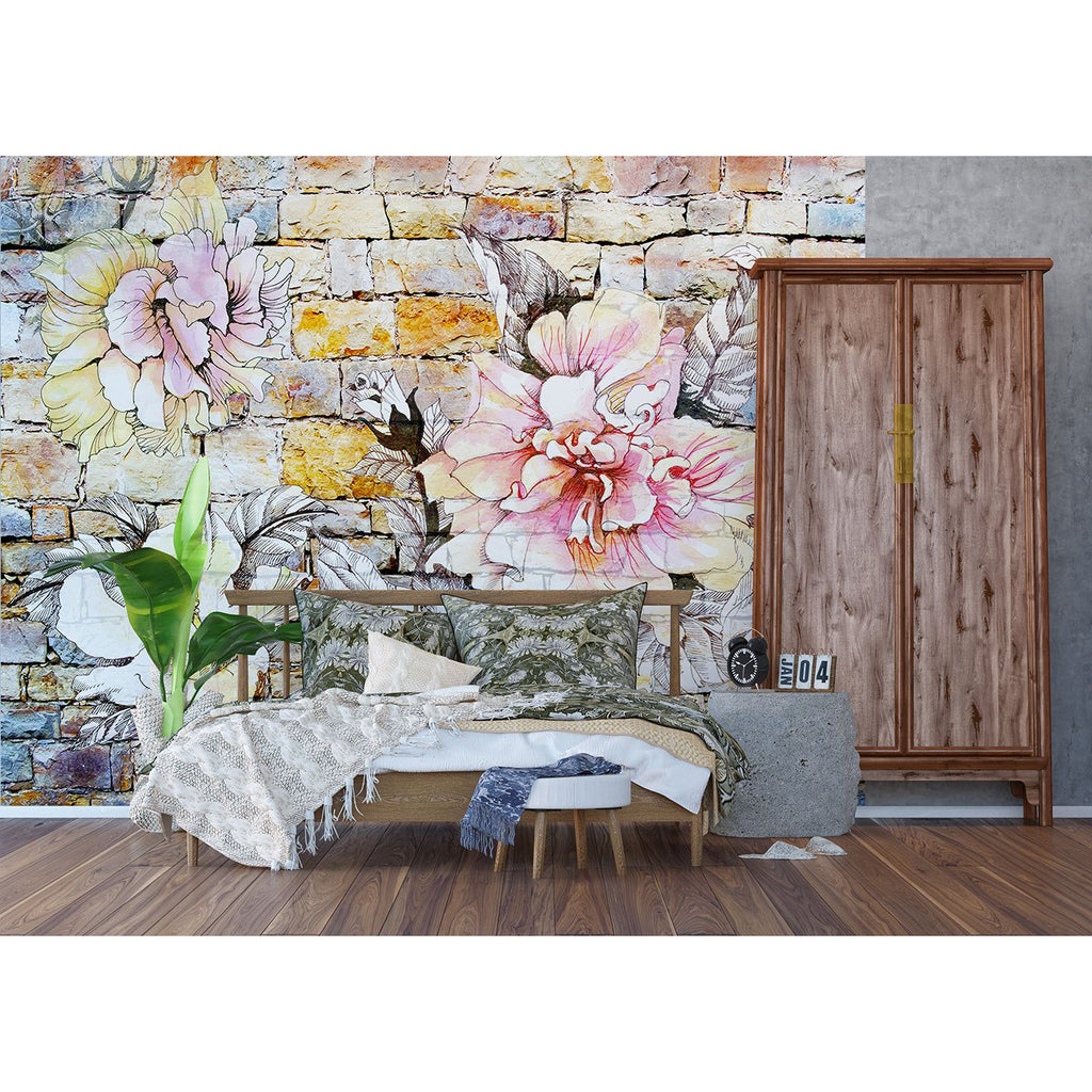 Urban Blossoms: Watercolor Florals on Brick Wall Mural