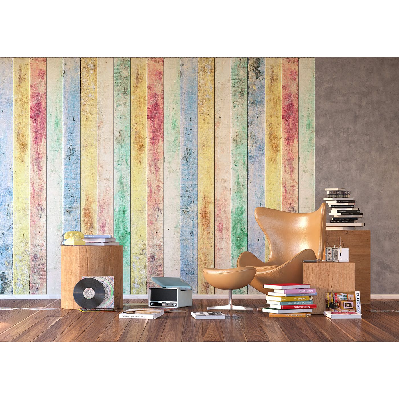 Rustic Rainbow: Distressed Wooden Planks Wall Mural