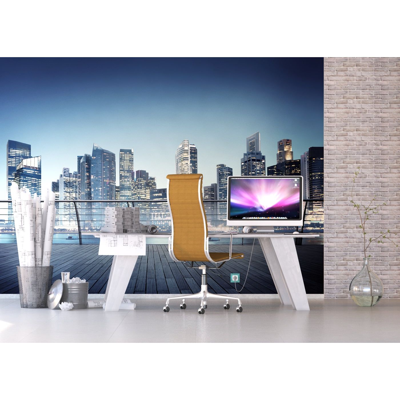 Cityscape Serenity: Waterfront Skyline at Dusk Wall Mural